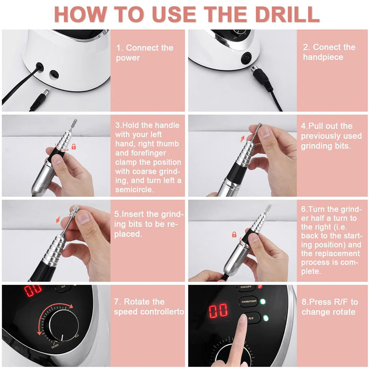 Nagelfräser für Gelnägel Elektrisch Nagelfeile 35000 U/min Maniküre und Pediküre 6 in 1 Hand und Fus