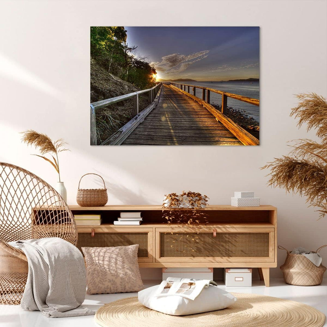 Bilder auf Leinwand 100x70cm Leinwandbild Fussgängerbrücke Himmel Wasser Gross Wanddeko Bild Schlafz
