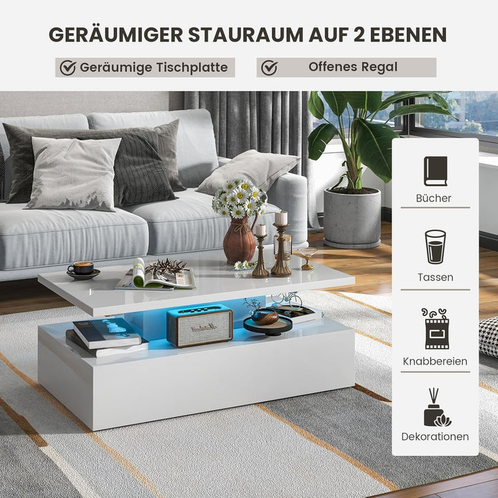 COSTWAY LED-Couchtisch Hochglanz, Wohnzimmertisch mit einstellbaren Lichtfarben & Helligkeit, Fernbe