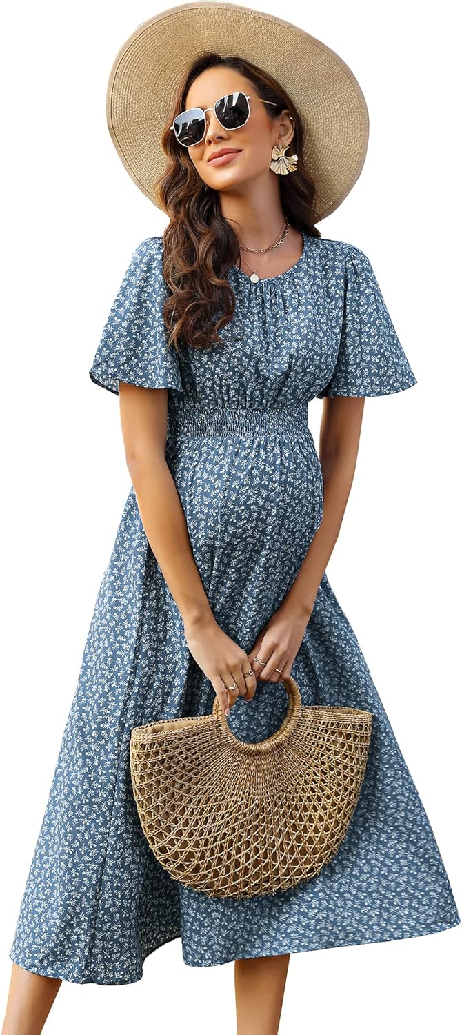 KOJOOIN Damen Umstandskleid Kurzarm Schwangerschafts Bedrucktes Kleid mit Rundhalsausschnitt und Rüs