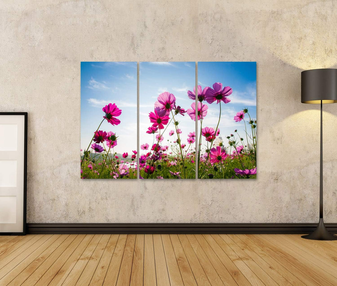 islandburner Bild auf Leinwand Blumenfeld Pink Blauer Himmel Bilder Wandbilder Poster