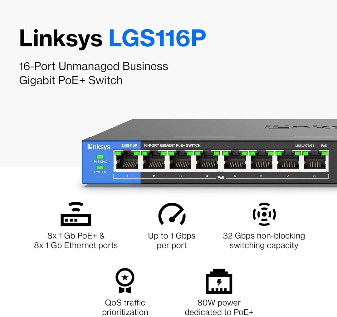 Linksys LGS116P-EU 16-Port Unmanaged Gigabit-Netzwerk-Switch mit 8 PoE+-Ports, Ethernet-Splitter – b