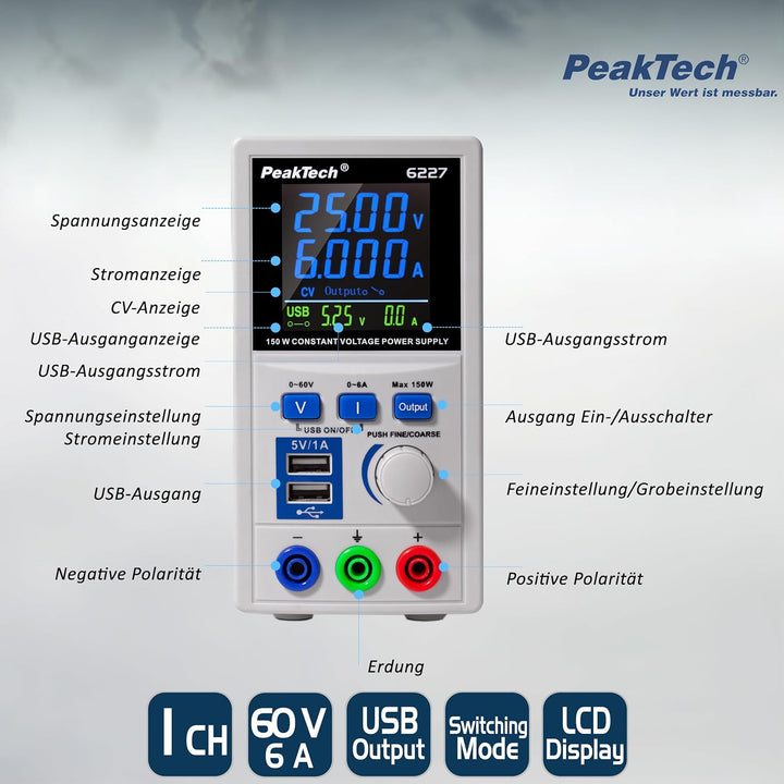 PeakTech P 6227 – DC Labor Netzteil 0-60 V / 0-6 A mit farbiger LCD Anzeige, Labor Netzgerät inkl. 2