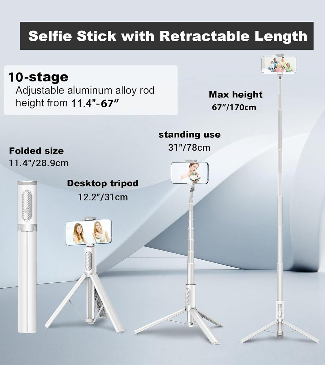 TONEOF 170CM Selfie Stick Stativ, Ausziehbar All-in-1 Handy Stativ aus Aluminium mit Kabelloser Fern