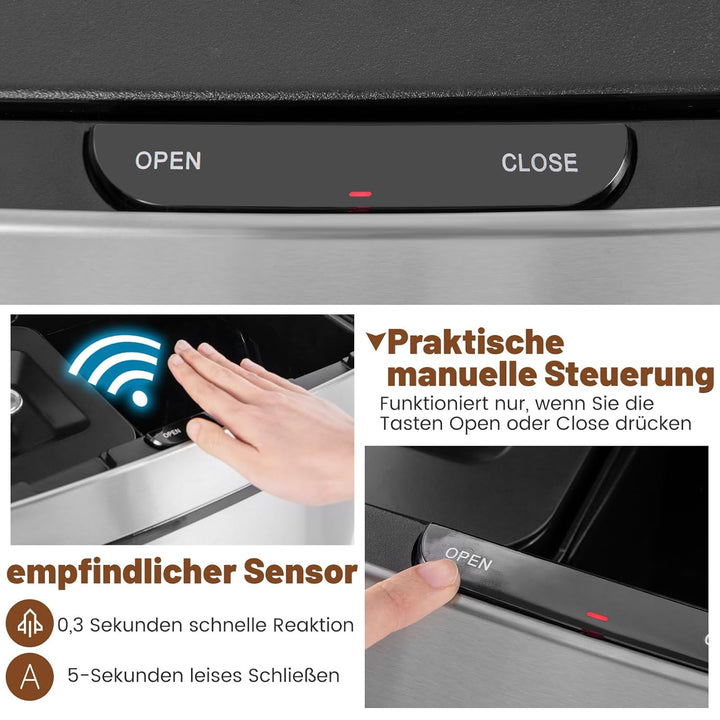 COSTWAY 72L Mülleimer 4 Fächer, elektrischer Abfalleimer mit Sensor, Mülltrennsystem 2 x 11L + 3,5L