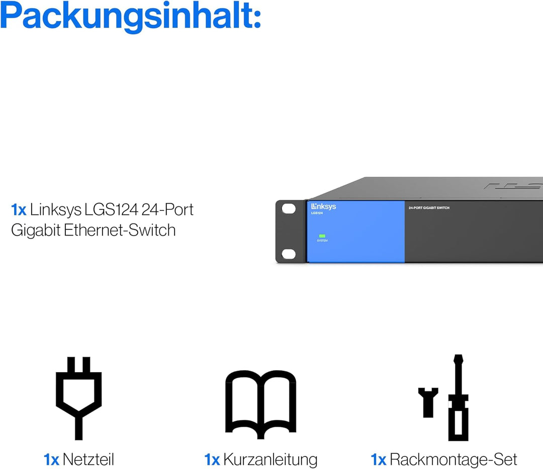 Linksys LGS124-EU 24-Port Unmanaged Gigabit-Netzwerk-Switch – Ethernet-Switch/Hub mit Metallgehäuse,