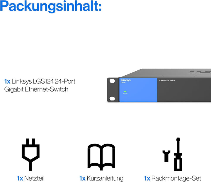 Linksys LGS124-EU 24-Port Unmanaged Gigabit-Netzwerk-Switch – Ethernet-Switch/Hub mit Metallgehäuse,