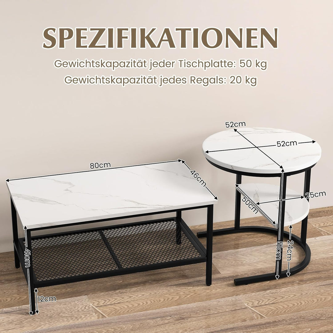 COSTWAY 2er Set Couchtisch, Beistelltisch Marmor Optik mit Metallrahmen & Ablage, Kaffeetisch Wohnzi