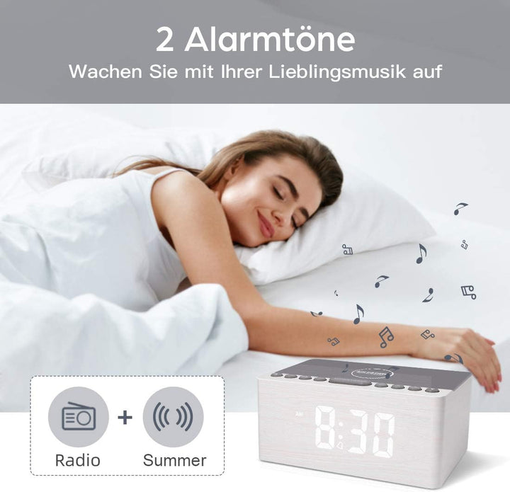 ANJANK Hölzerner Radio wecker Digital mit kabelloses Laden,10W Fast Wireless Charger for Iphone/Andr
