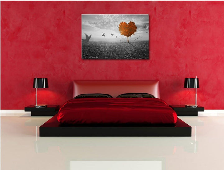 Roter Herzbaum im Herbst schwarz/weiss Format: 100x70 auf Leinwand, XXL riesige Bilder fertig gerahm