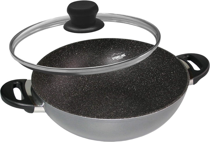 Stoneline Wok 32 cm, mit Deckel, Aluguss, Wok Pfanne beschichtet mit echten Steinpartikeln, grau, oh