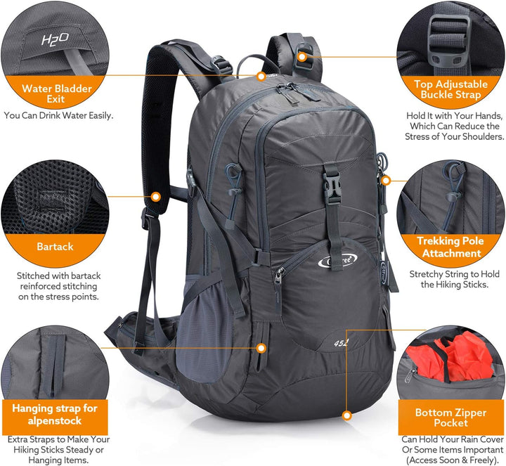 G4Free 45L Wanderrucksäcke mit Regenschutz Wasserdicht Trekkingrucksack Reiserucksack Outdoor Campin