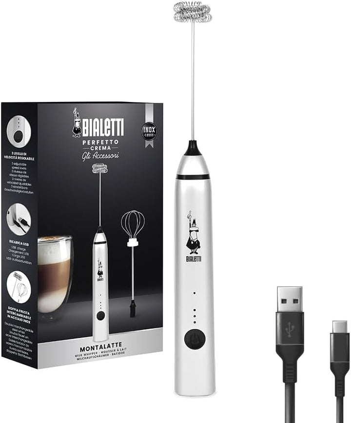 Bialetti Whipper, 3-stufig verstellbar, Doppelquirls, USB-Aufladung, Edelstahl