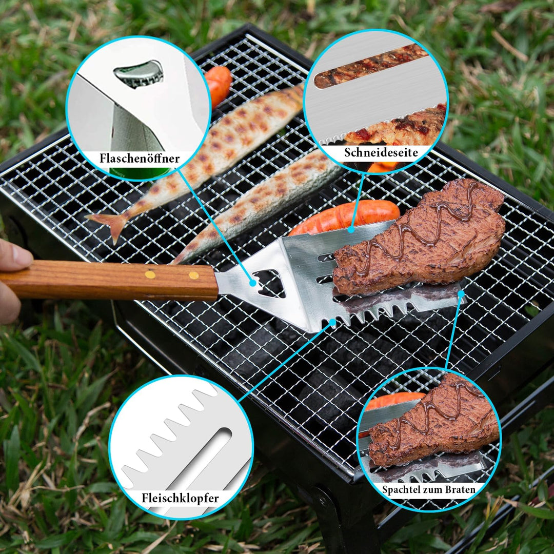 IMAGE BBQ Grillwerkzeuge 4 Stück Bestecksets mit Holzgriffen Edelstahl Grillzubehör mit Tragetasche