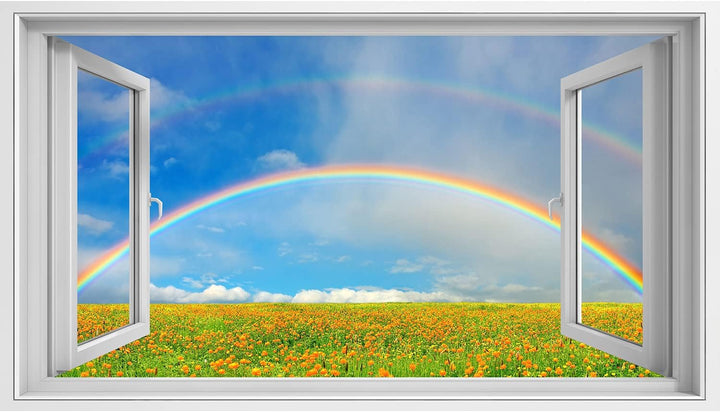 islandburner Bild auf Leinwand Fensterblick Landschaft mit blühendem Feld und Regenbogen Sagenhafter