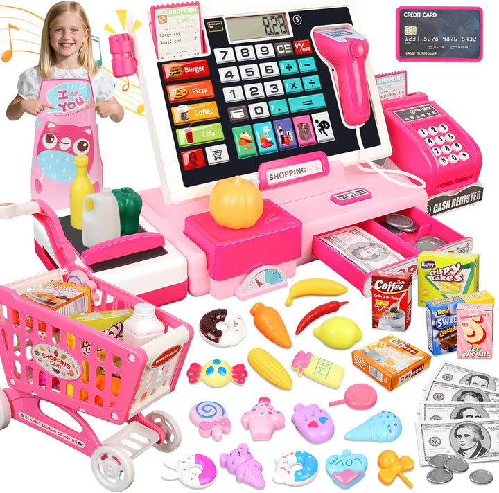 Herenear Kaufladenkasse für Kinder, Spielzeug Kasse mit Scanner und Sound - inkl. 52 Zubehör(Scanner
