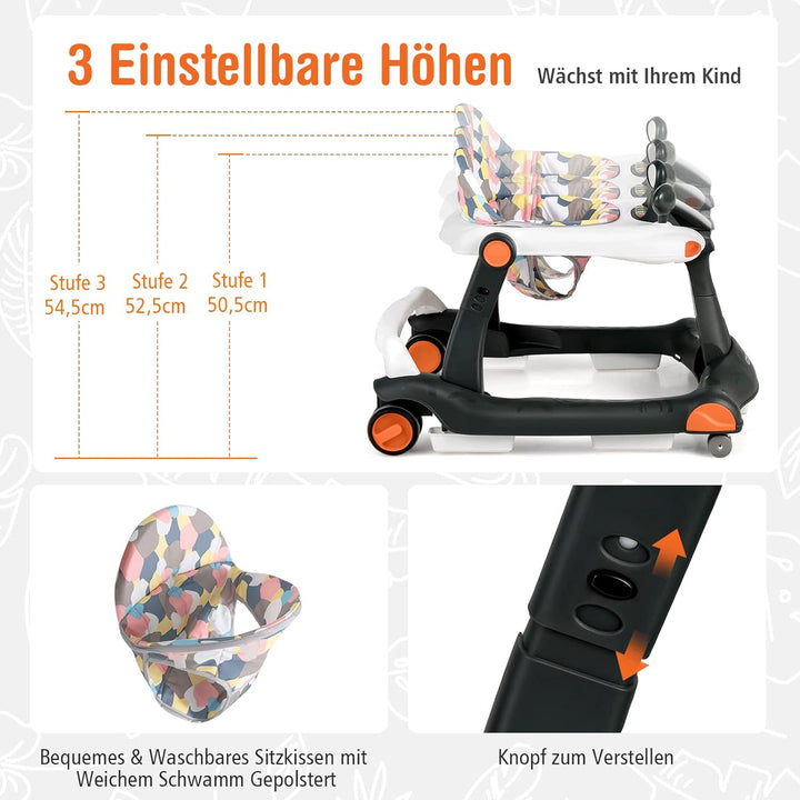 COSTWAY 2-in-1 Lauflernhilfe klappbar, Baby Walker höhenverstellbar, Gehfrei mit Musik & Licht, Lauf