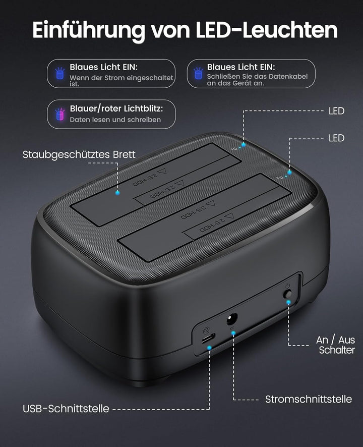 ORICO Dualschacht Festplatten Docking Station USB 3.2 Gen 1 Festplattengehäuse für alle Standard 2.5