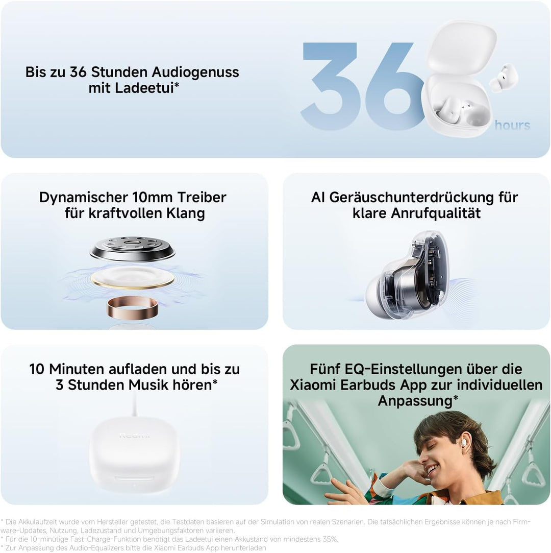 Redmi Buds 6 Play - In-Ear Kopfhörer, 36h Akkulaufzeit, 10mm Dynamik-Treiber mit 4 EQ-Einstellungen,