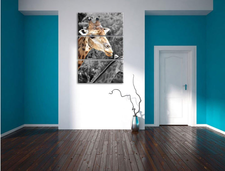 Pixxprint Zwei schöne Giraffen schwarz/weiss als Leinwandbild/Grösse: 3 Teilig (120x80) cm/Wandbild/