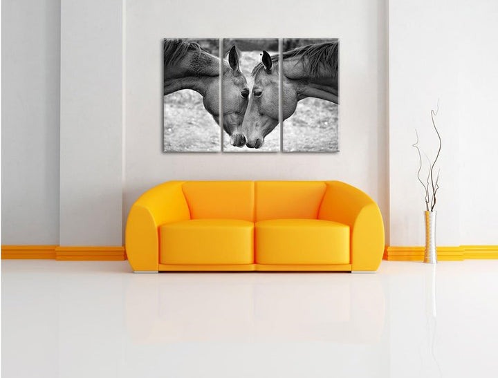 Pixxprint Zwei schmusende Pferde Kunst B&W als Leinwandbild | Grösse: 3 Teilig (120x80) | Wandbild|