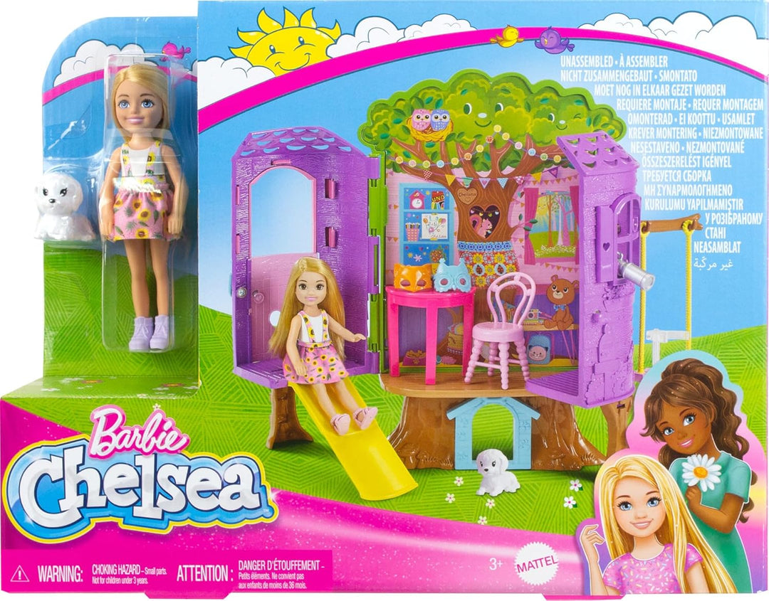 Barbie - Chelsea-Puppe und Baumhaus-Spielset mit Hündchen mit Möbeln, Rutsche und mehr als 10 Zubehö