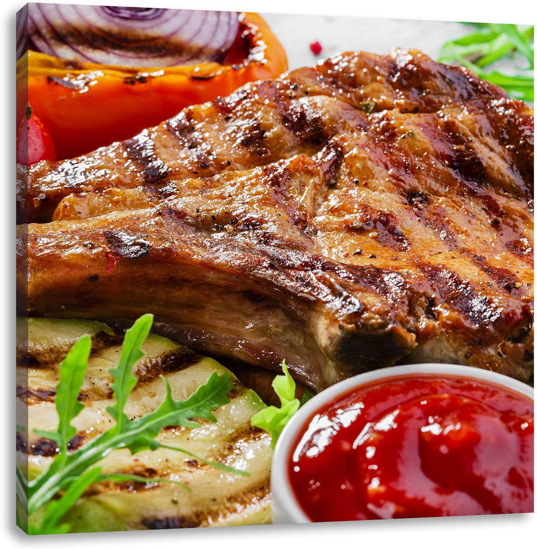 Gegrilltes Steak, Format: 70x70 auf Leinwand, XXL riesige Bilder fertig gerahmt mit Keilrahmen, Kuns