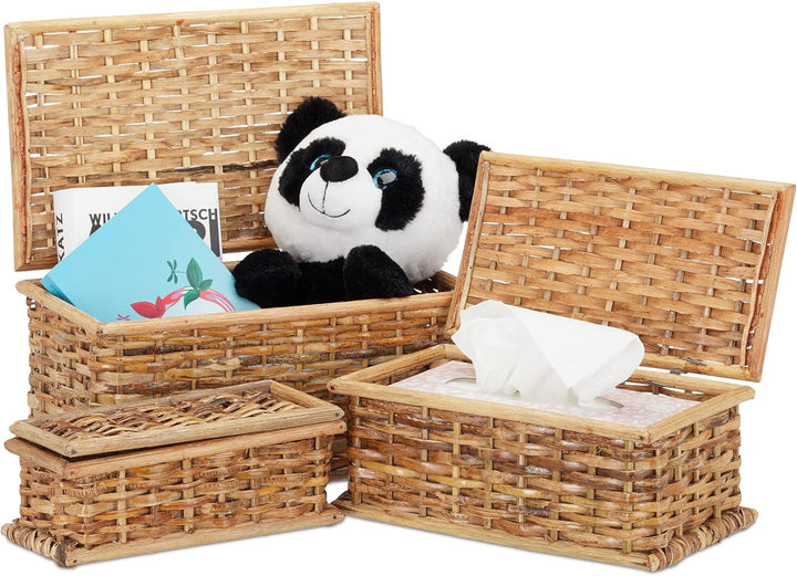 Relaxdays, natürlich Körbchen 3er-Set Rattan, Deckel, geflochten, Wohnzimmer, Korbset, Dekokiste, 10