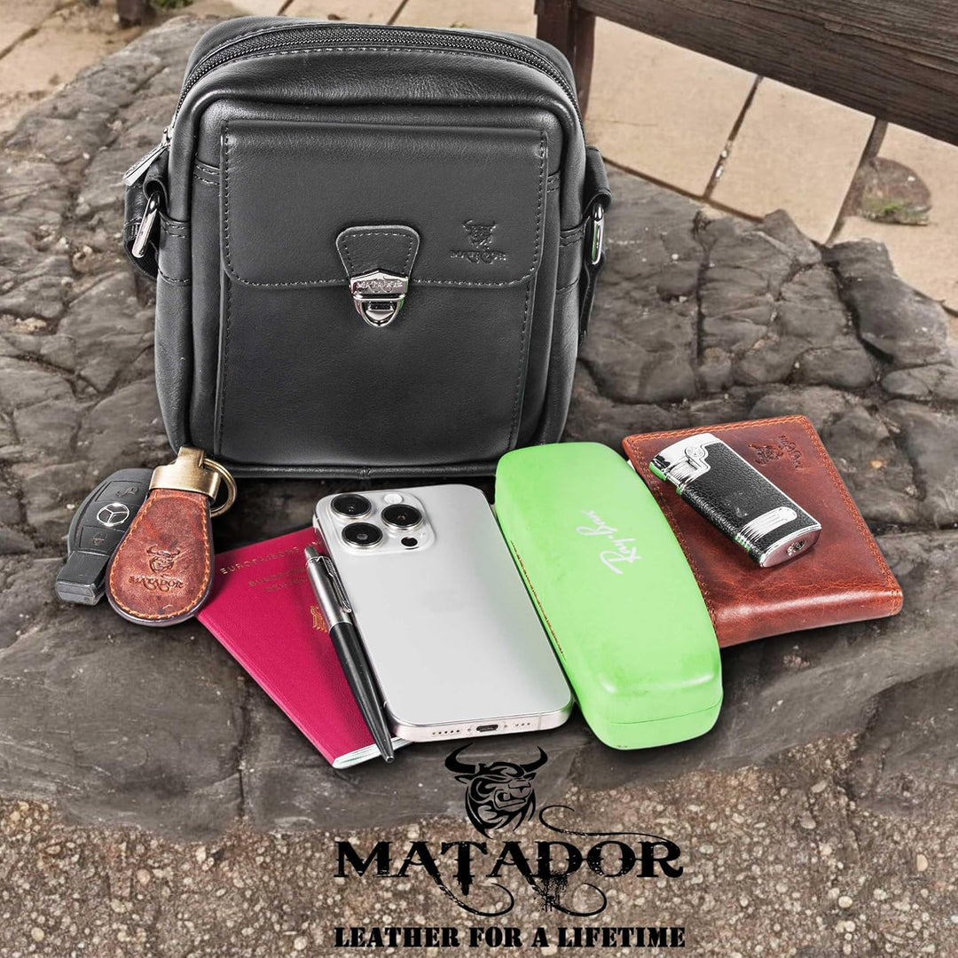 MATADOR kleine kompakte Leder Umhängetasche Herren Ledertasche Schultertasche Schwarz Nappa, Schwarz
