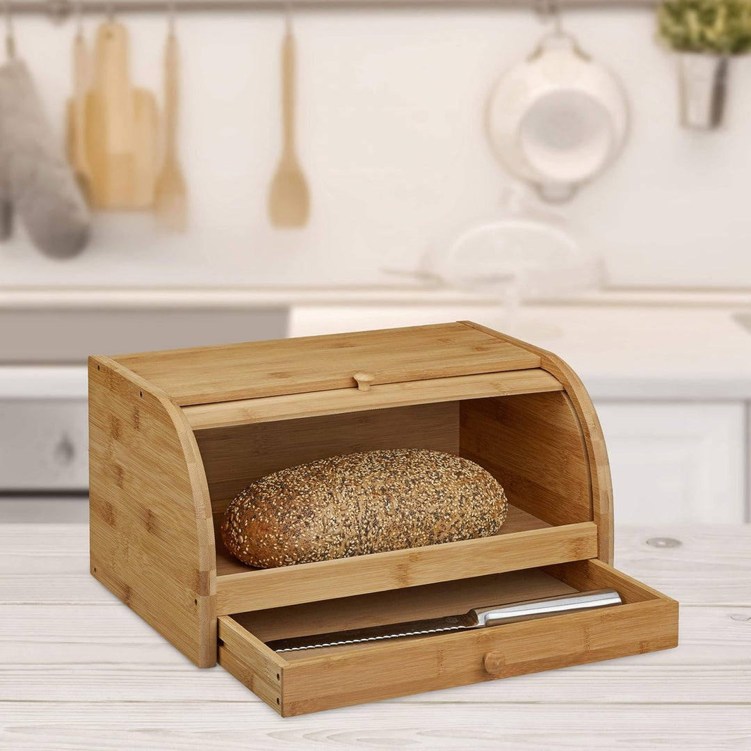 Relaxdays Rollbrotkasten mit Schublade, Bambus, aromadicht, Brotkasten mit Rolldeckel, HxBxT: 21 x 4