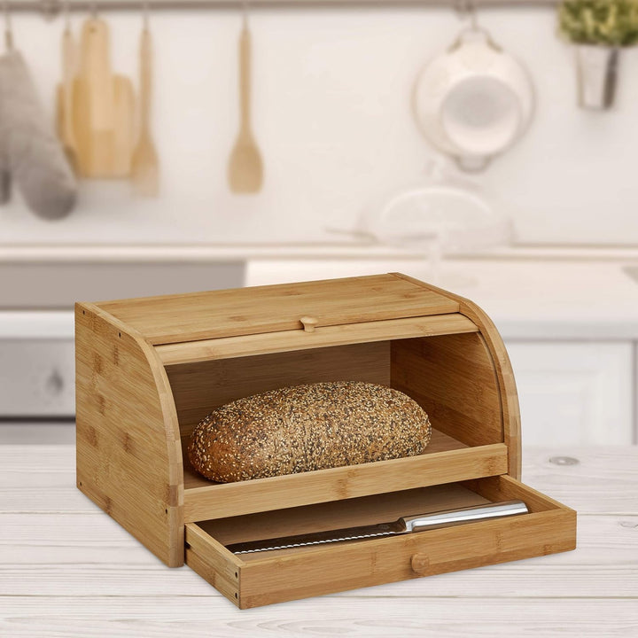 Relaxdays Rollbrotkasten mit Schublade, Bambus, aromadicht, Brotkasten mit Rolldeckel, HxBxT: 21 x 4