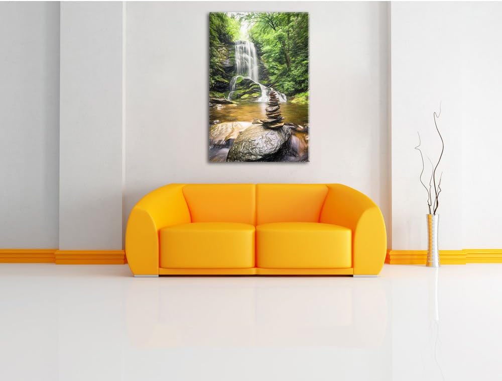 Pixxprint Zen Steine vor Wasserfall Kunst Buntstift Effekt, Format: 100x70 auf Leinwand, 100x70
