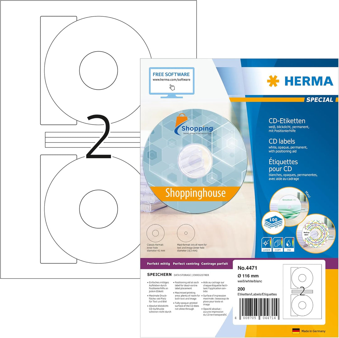 HERMA 4471 CD DVD Etiketten inkl. Zentrierhilfe blickdicht, 100 Blatt, Ø 116 mm, 2 Stück pro A4 Boge