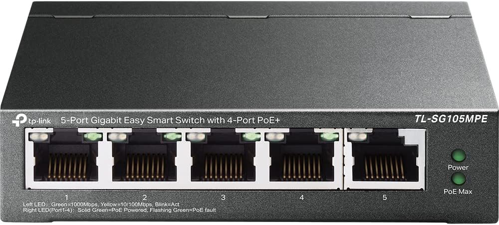 TP-Link TL-SG105MPE 5 Port Managed PoE Switch mit 4 PoE+ Ports (120 Watt, IEEE-802.3af/at PoE,lüfter