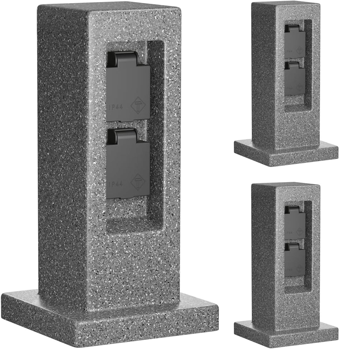 ledscom.de 3 Stück Garten Steckdosensäule Pock für aussen, IP44, 2-Fach, anthrazit (Stein-Optik), ec