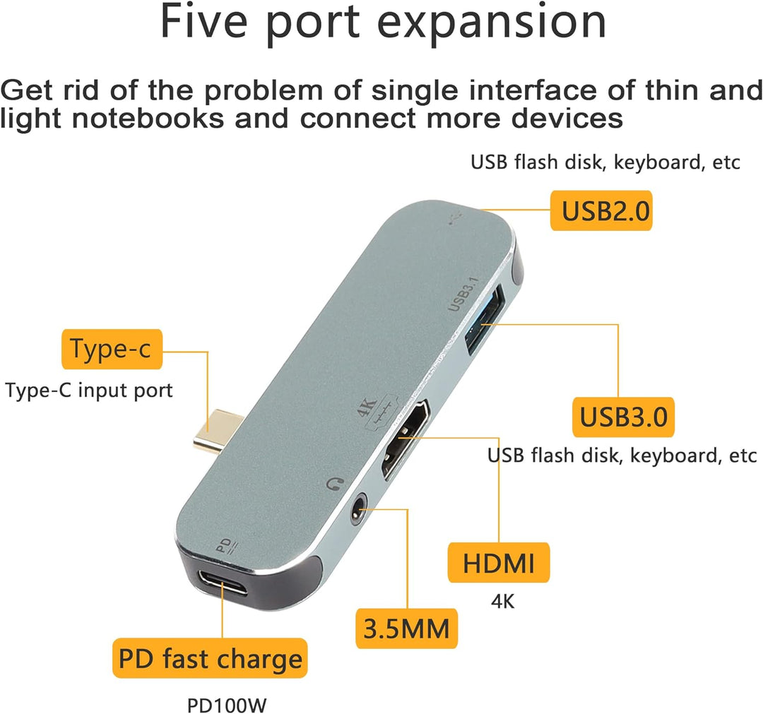 CERRXIAN USB-C-auf-HDMI-Laptop-Docking-Hub, 5-in-1-Typ-C-Adapter mit Dual-USB-, USB-C-Aufladung (PD)