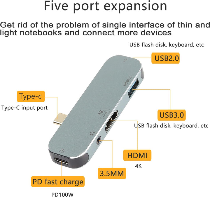 CERRXIAN USB-C-auf-HDMI-Laptop-Docking-Hub, 5-in-1-Typ-C-Adapter mit Dual-USB-, USB-C-Aufladung (PD)