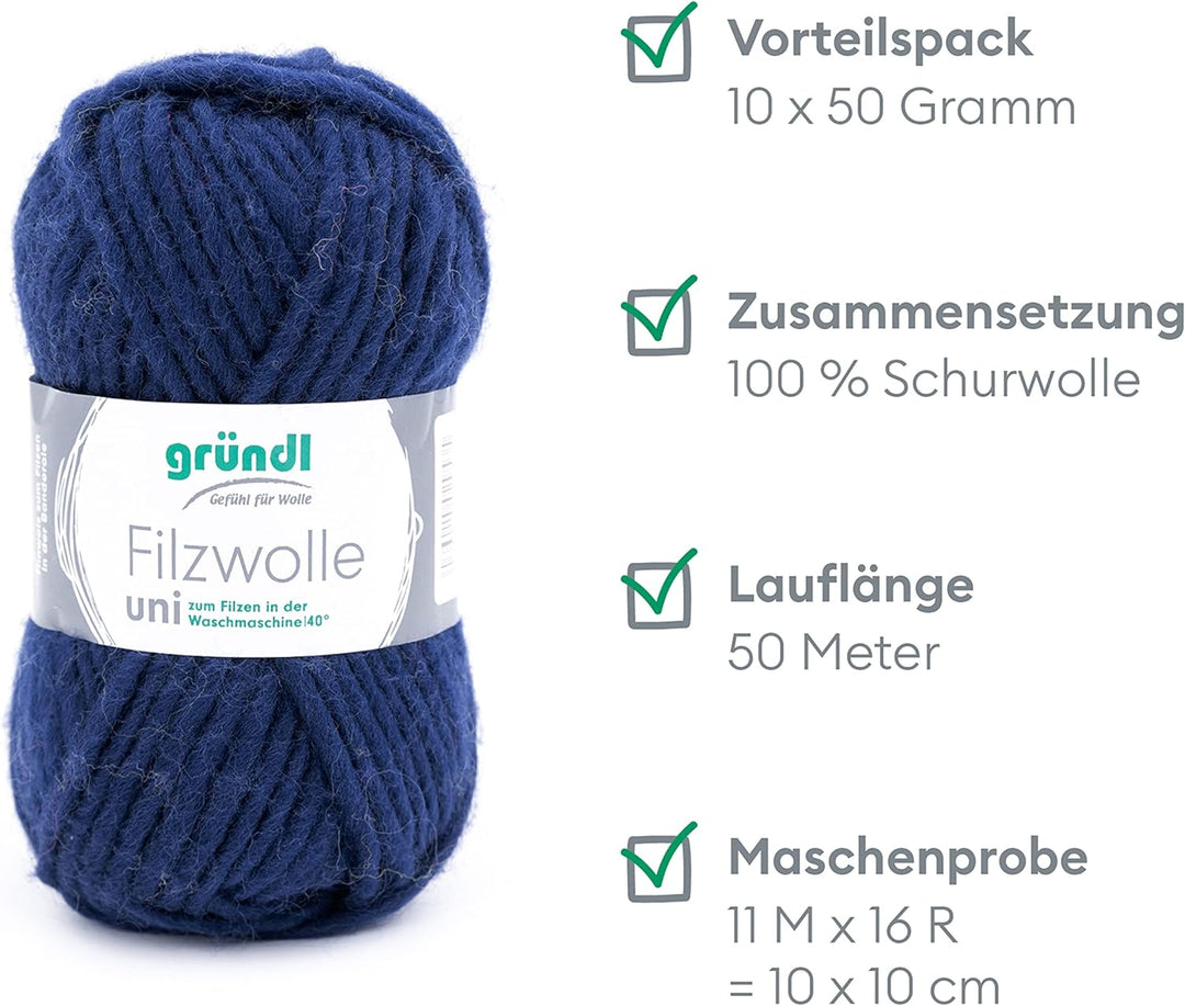 Gründl Filzwolle uni (Wolle zum Filzen, Stricken und Häkeln, Garn aus 100 % Schurwolle, 50 g / 50 m,
