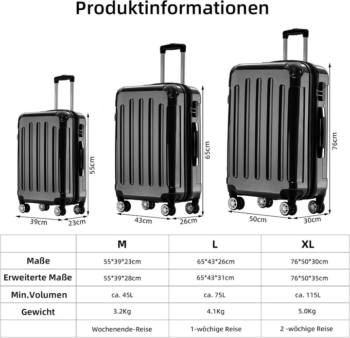 BEIBYE Zwillingsrollen 2048 Hartschale Trolley Koffer Reisekoffer in M-L-XL-Set in 15 Farben (Schwar