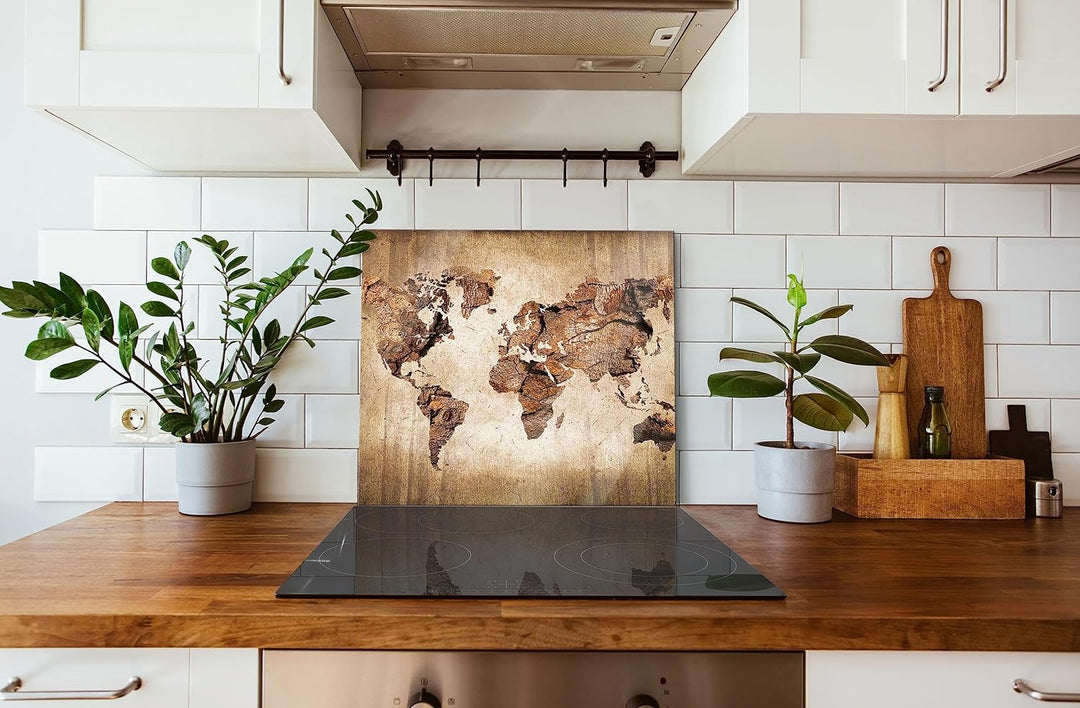 Weltkarte auf altem Holz Herdabdeckplatte & Spritzschutz aus Echtglas | Für Herd-Kochfelder | 60x52