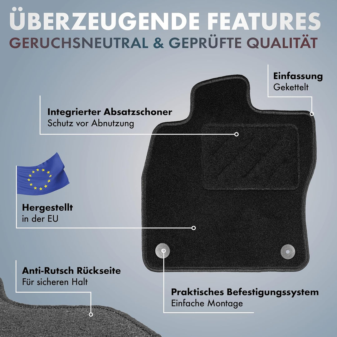 WALSER Auto Teppiche kompatibel mit VW T5 04/2003-08/2015, VW T6 04/2015-Heute, 3 Sitzer, 100% passg