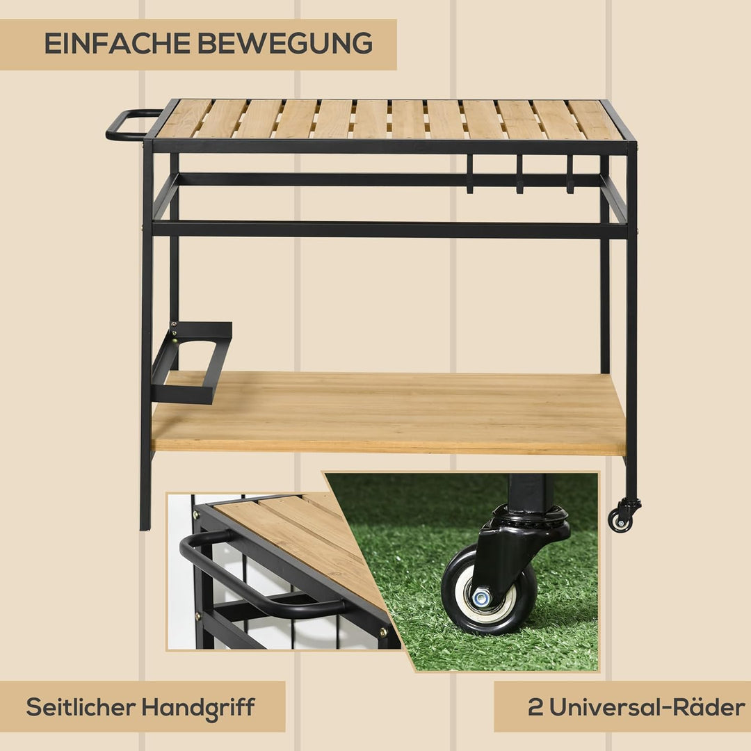 Outsunny Servierwagen, Gartenrollwagen mit Haken, Barbecue Trolley mit 2 Regalen, Outdoor Multifunkt