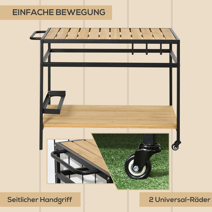 Outsunny Servierwagen, Gartenrollwagen mit Haken, Barbecue Trolley mit 2 Regalen, Outdoor Multifunkt