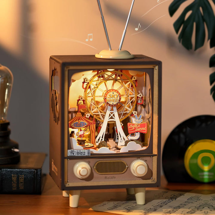 Rolife 3D Puzzles Holz Spieluhr Sonnenuntergang Karneval Miniatur Szene Retro Fernsehen Modell Bausä