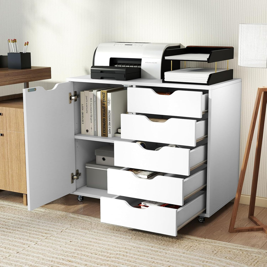 COSTWAY Rollcontainer mit 5 Schubladen, mobiler Aktenschrank mit Tür, Arbeitsplatte & Rollen, Rollwa