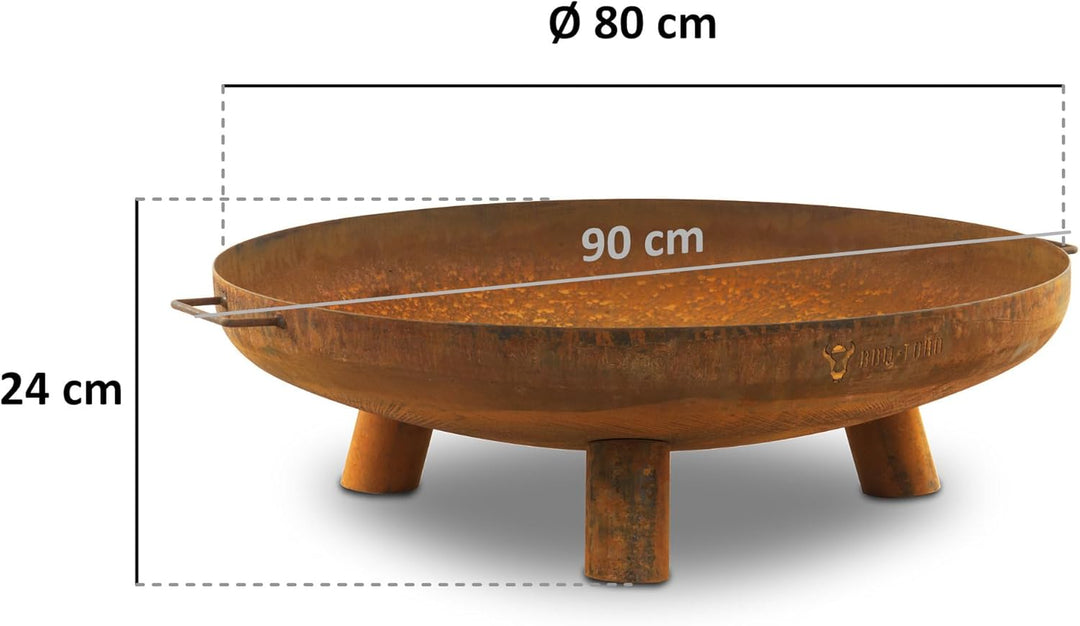 BBQ-Toro Feuerschale Ø 80 cm | Rostoptik | Outdoor Feuerstelle mit DREI Standbeinen und Zwei Griffen