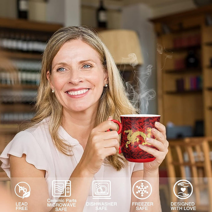 YURROAD Teetasse Mit Teesieb Deckel Und Untertasse Chinesisches Drachenmuster Aus Chinesischem Porze