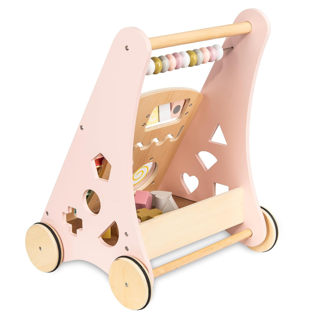 COIL Babywalker Lauflernwagen 3in1, Kinderwagen aus Holz, Lernspielzeug, ab 12 Monaten (Rosa), Rosa
