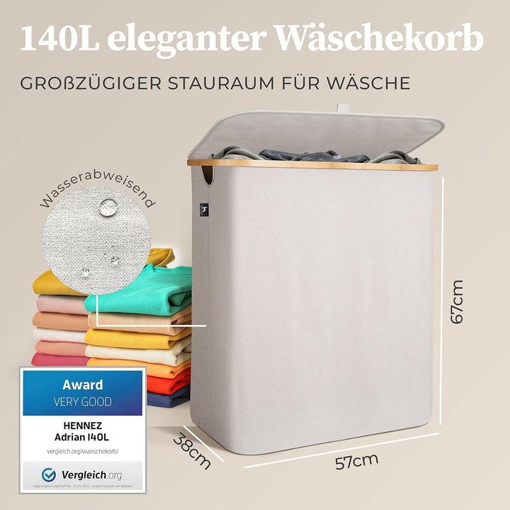 HENNEZ Wäschekorb mit Deckel 2 Fächer Wäschekorb Beige - Grau 140L Wäschesack schmal - Wäschesortier