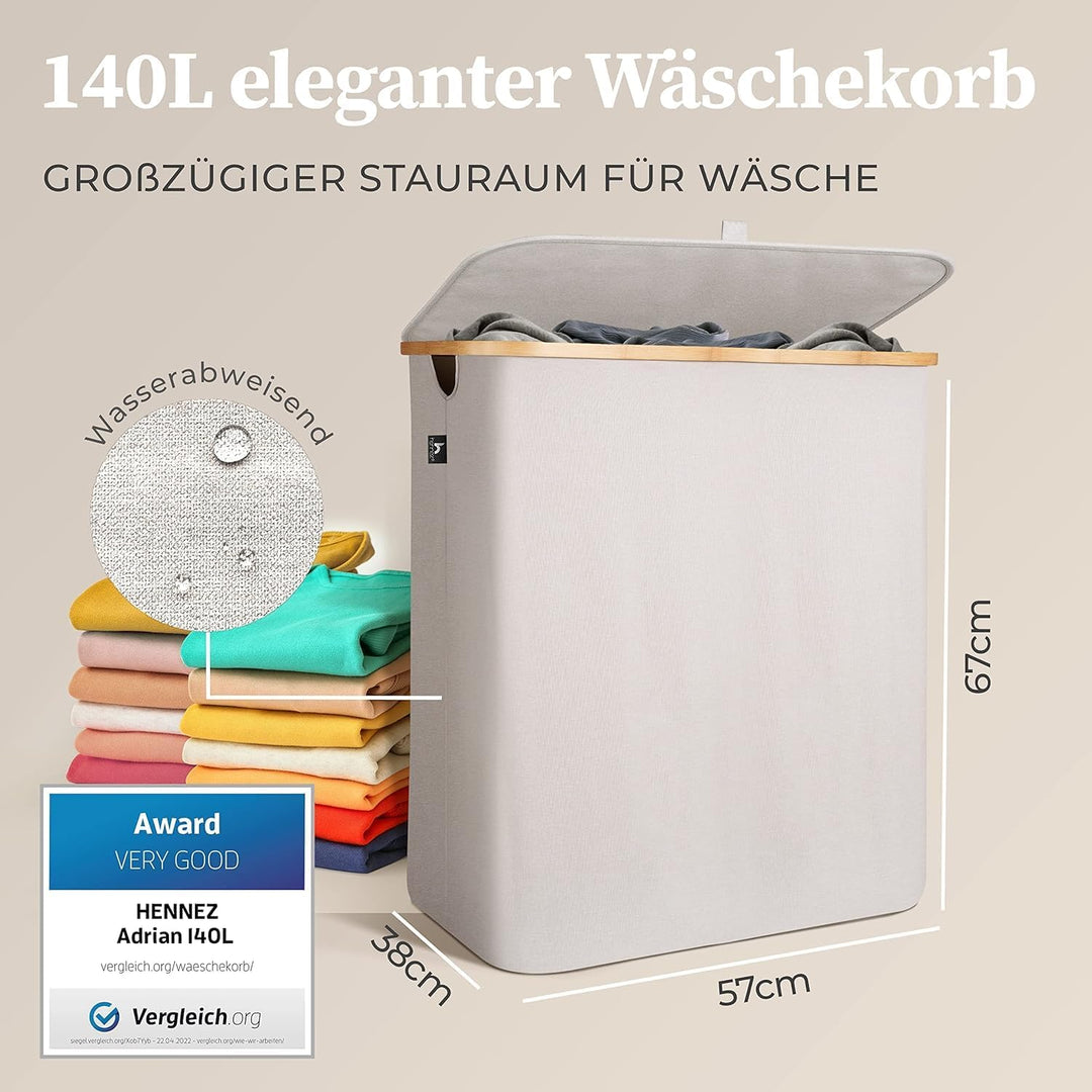 HENNEZ Wäschekorb mit Deckel 2 Fächer Wäschekorb Beige - Grau 140L Wäschesack schmal - Wäschesortier